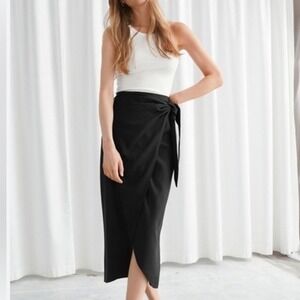 NWOT Other Stories Black Midi Wrap Skirt Tie Waist Elegant Midi Length Sz 2